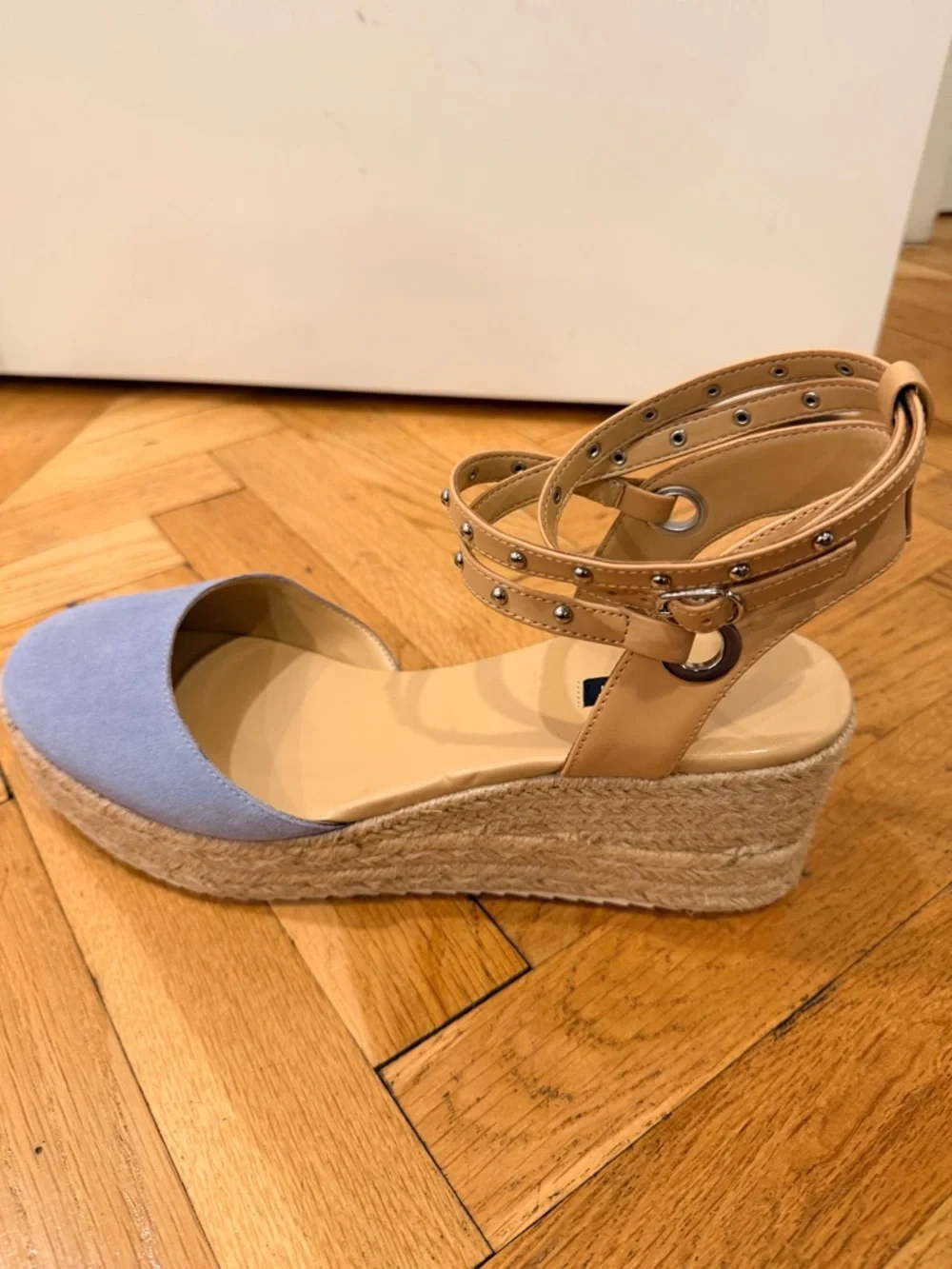 Espadrille Wedge Sandals Size 12 – Blue Suede & Tan Studded Ankle Strap, NIB
